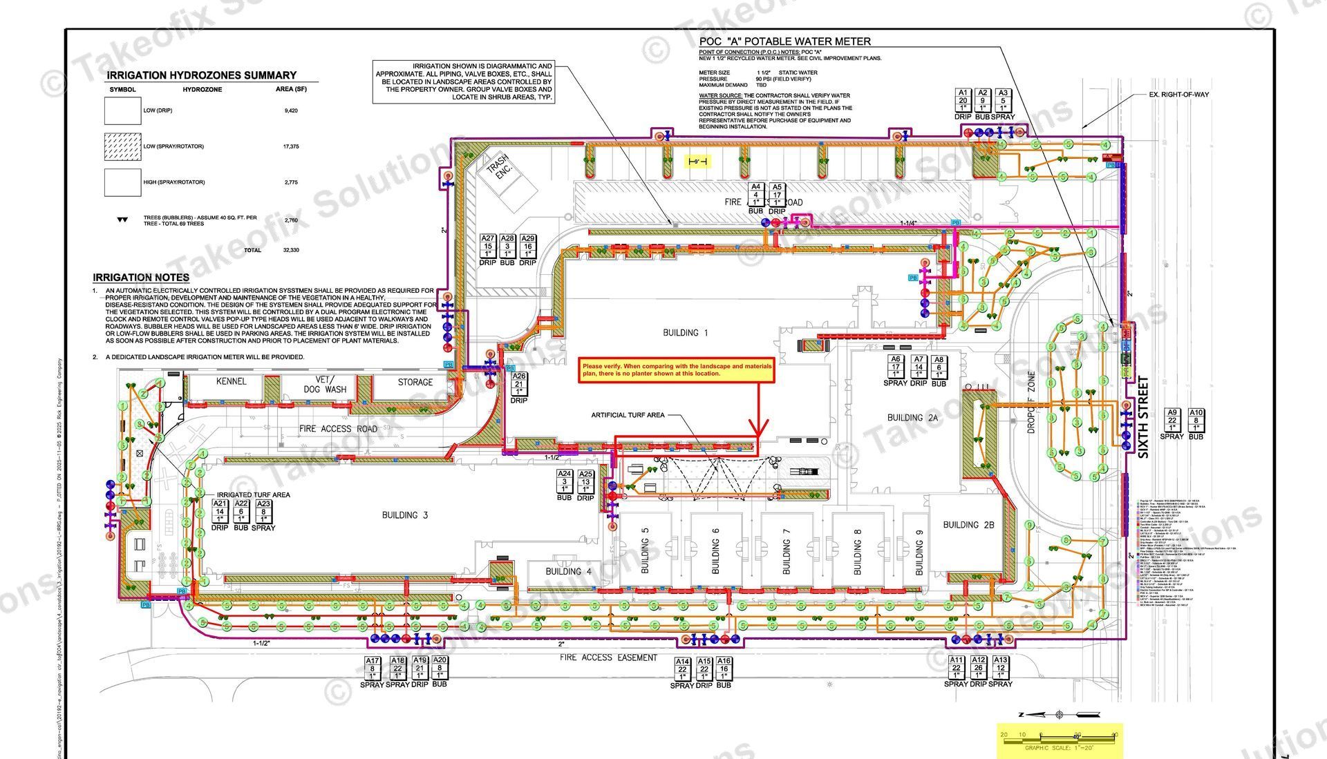 Commercial landscaping and irrigation layout used for earthwork and exterior takeoff services.