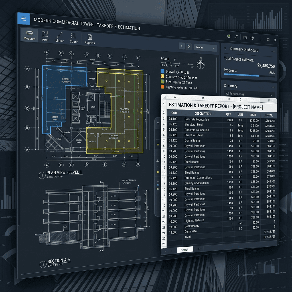 A construction site blueprint used by Takeofix estimators to provide accurate quantity takeoffs and bidding estimates.